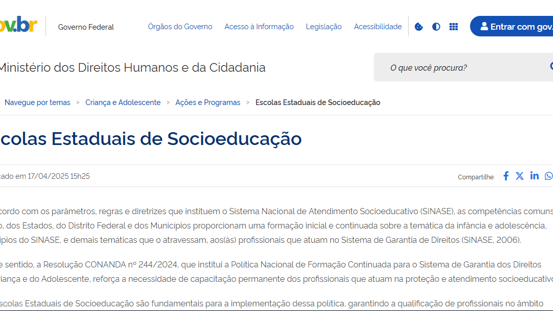 A Escola Estadual de Socioeducação do Rio de Janeiro no site do Ministério dos Direitos Humanos e da Cidadania